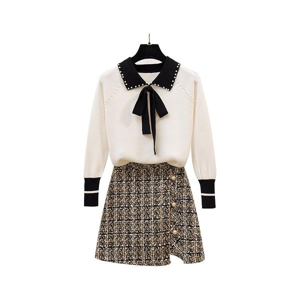 two piece dress fashion winter nail bead knit sweater suits grid skirt two-piece women clothing set knitwear pullover skirts, White 
two piece dress fashion winter nail bead knit sweater suits grid skirt two-piece women clothing set knitwear pullover skirts, White