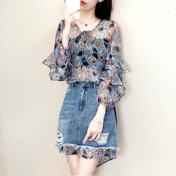 two piece dress 2 pieces of clothing set women's long floral print blouse with ruffled and denim ripped party skirt ns269, White
two piece dress 2 pieces of clothing set women's long floral print blouse with ruffled and denim ripped party skirt ns269, White