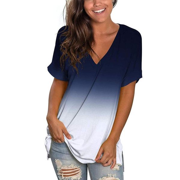 women's t-shirt gradient printing casual short sleeve v-neck loose pullover summer streetwear, White
women's t-shirt gradient printing casual short sleeve v-neck loose pullover summer streetwear, White