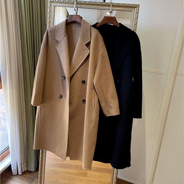 women's wool & blends 2021 suit collar sheep silhouette double breasted double-sided coat long winter style, Black
women's wool & blends 2021 suit collar sheep silhouette double breasted double-sided coat long winter style, Black