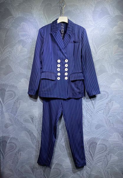 new autumn 2021 lapel stripe coat with pants set, White