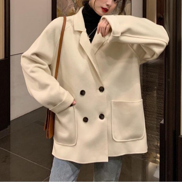women's wool & blends korean style suit collar double breasted long sleeve woolen coat autumn and winter solid color medium length, Black
women's wool & blends korean style suit collar double breasted long sleeve woolen coat autumn and winter solid color medium length, Black