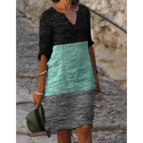 casual dresses solid patchwork knee dress for women's 2021 streetwear fashion loose half sleeve v-neck ladies robe oversized, Black;gray 
casual dresses solid patchwork knee dress for women's 2021 streetwear fashion loose half sleeve v-neck ladies robe oversized, Black;gray