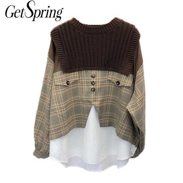 getspring women shirt knitting patchwork plaid woman blouses shirts color matching asymmetry vintage casual bloues 210601, White
getspring women shirt knitting patchwork plaid woman blouses shirts color matching asymmetry vintage casual bloues 210601, White