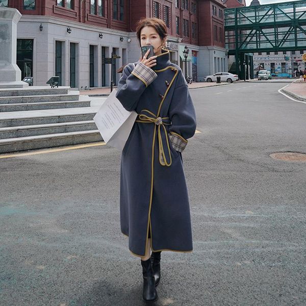 women's wool & blends winter long woolen coat korean loose plaid stitching casual ladies cloak thick high-quality lining fashion jacket, Black
women's wool & blends winter long woolen coat korean loose plaid stitching casual ladies cloak thick high-quality lining fashion jacket, Black
