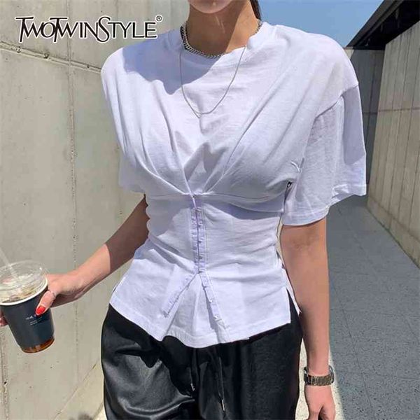 

twotwinstyle white korean t shirt for women o neck short sleeve tunic casual  t shirts female fashion clothes summer 210722