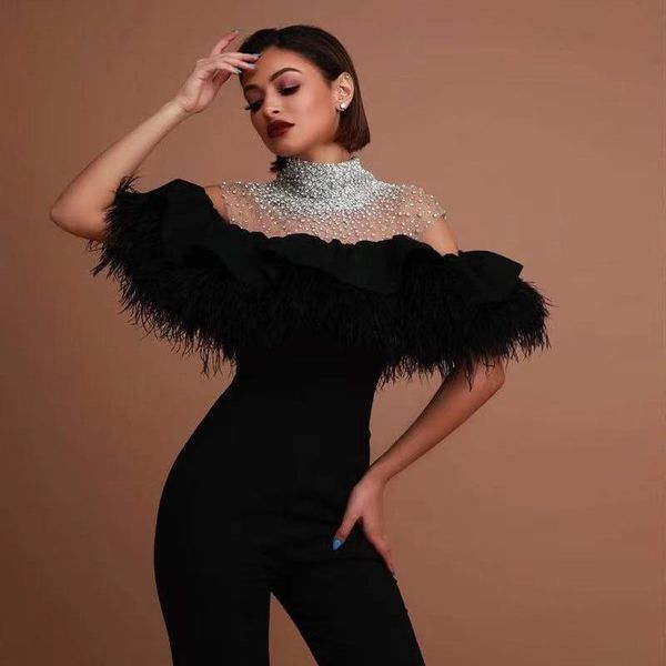 party dresses black jumpsuit feather prom 2022 bead high collar special occasion outfit gowns custom made pants wears, White;black
party dresses black jumpsuit feather prom 2022 bead high collar special occasion outfit gowns custom made pants wears, White;black