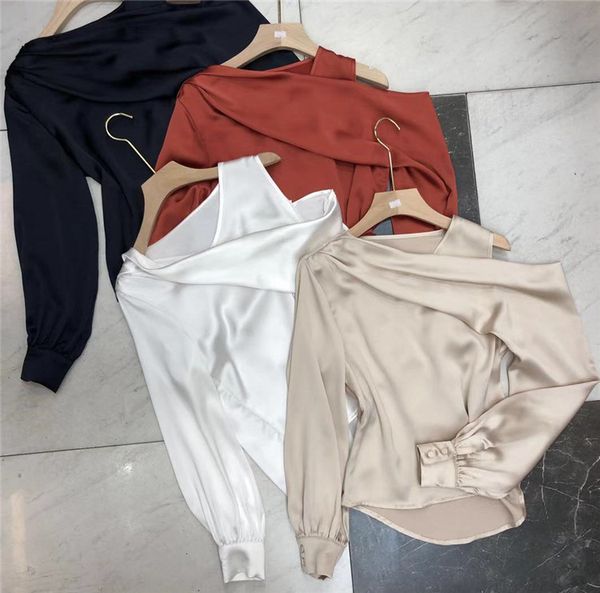 women korean style shirt elegant off-shoulder irregular collar blouse slim fit slimming long sleeves blusas autumn satin top, White
women korean style shirt elegant off-shoulder irregular collar blouse slim fit slimming long sleeves blusas autumn satin top, White