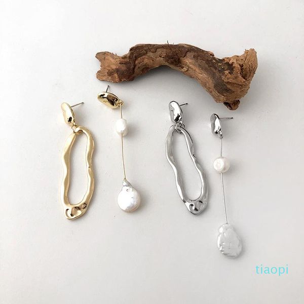 asymmetric metal freshwater pearl earrings retro fashion personality euramerican style ms jewelry gift accessories, Golden;silver
