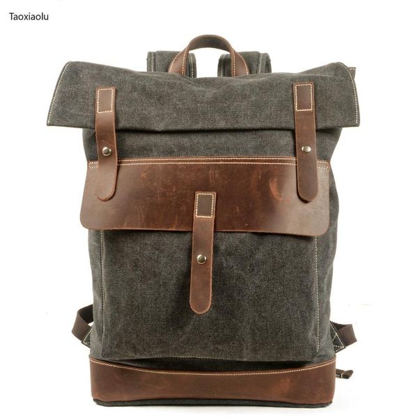 backpack retro wax canvas bag for students double shoulder waterproof outdoor hiking travel men's collage leather