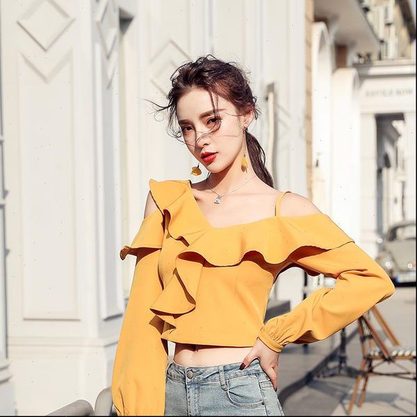 spring girls ruffles chiffon tees women blouses full lantern sleeve crop for, White