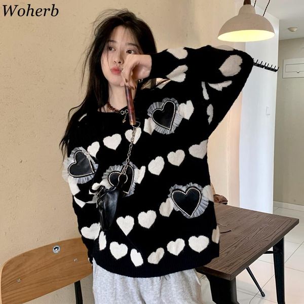 women's sweaters woherb 2021 spring autumn harajuku chic heart patchwork lace women knit sweater ladies long sleeve korean casual pullo, White;black
women's sweaters woherb 2021 spring autumn harajuku chic heart patchwork lace women knit sweater ladies long sleeve korean casual pullo, White;black