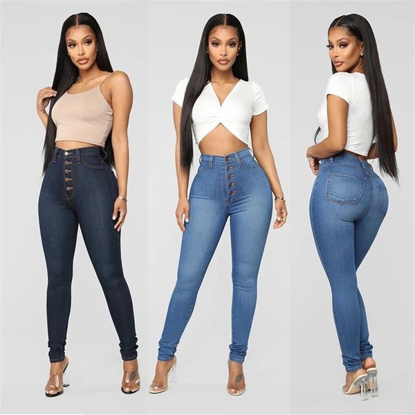 women's jeans single breasted solid color high waist slim-fit denim pants, Blue
women's jeans single breasted solid color high waist slim-fit denim pants, Blue