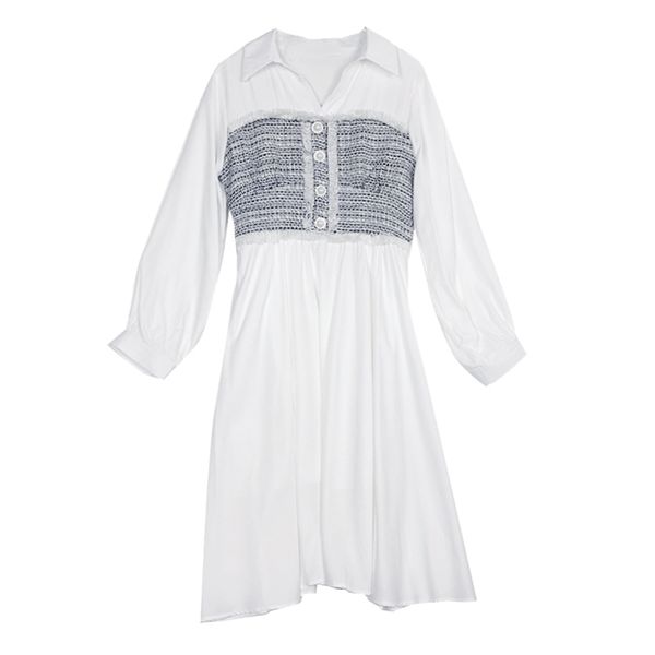 white tweed patchwork turn down collar button long sleeve a-line knee length shirt dress autumn d1975 210514, Black;gray
white tweed patchwork turn down collar button long sleeve a-line knee length shirt dress autumn d1975 210514, Black;gray