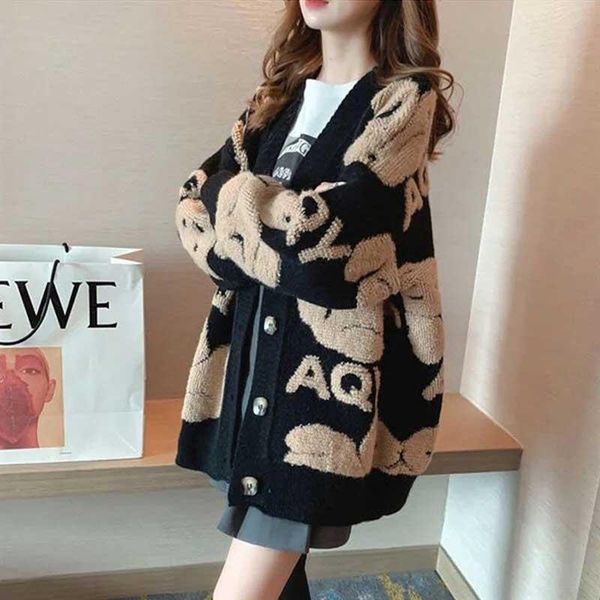women's vests sweater coat for women autumn fashion idle style ins korean loose mid-length v-neck knitted cardigan, Black;white