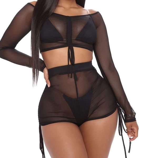 women's swimwear women cover-ups see-through clothes set, black long sleeve crop and high waist shorts for beach seaside, White;black
women's swimwear women cover-ups see-through clothes set, black long sleeve crop and high waist shorts for beach seaside, White;black