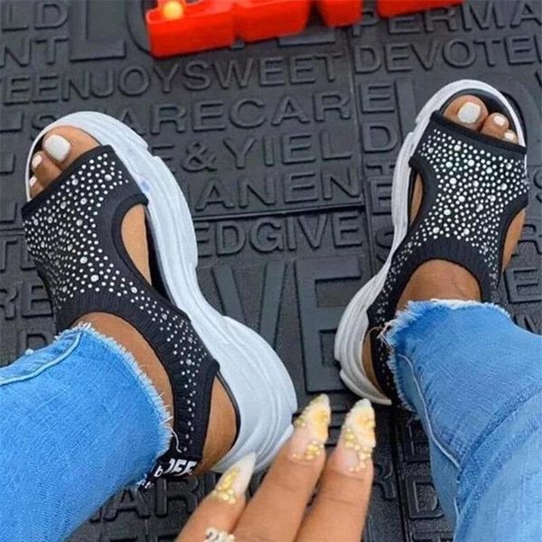 women wedges platform shoes summer knitting open toe sneakers sandals rhinestone slip on casual ladies zapatos de mujer, Black
women wedges platform shoes summer knitting open toe sneakers sandals rhinestone slip on casual ladies zapatos de mujer, Black