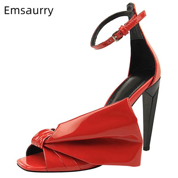 red patent leather summer sandalias cover heel ankle strappy spike square peep toe big bowknot party sandals women, Black
red patent leather summer sandalias cover heel ankle strappy spike square peep toe big bowknot party sandals women, Black