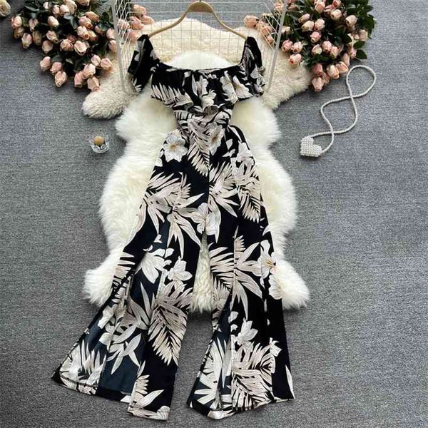 summer printed flowers split wide leg pants women black straight shoulder beach style jump suits 210513, Black;white
summer printed flowers split wide leg pants women black straight shoulder beach style jump suits 210513, Black;white