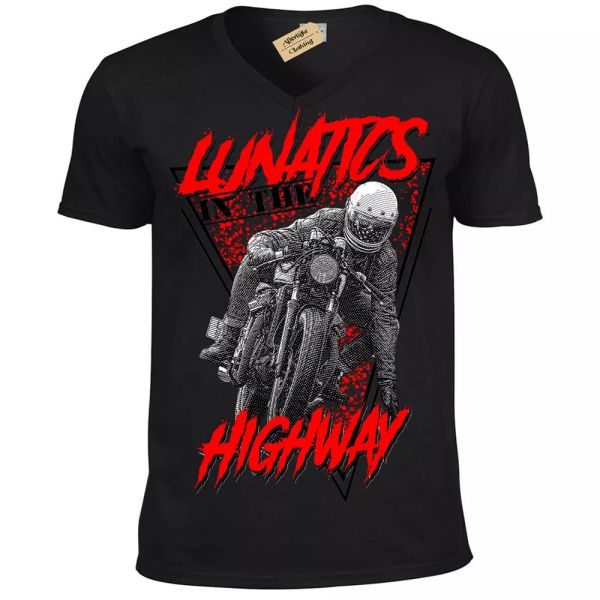 lunatics highway camiseta moto estilo motero hombre cuello en v, White;black 
lunatics highway camiseta moto estilo motero hombre cuello en v, White;black