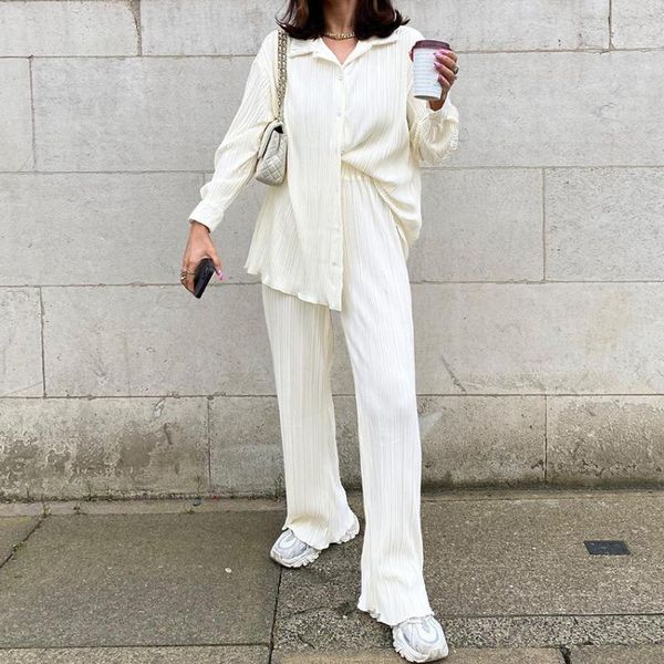 women's two piece pants pleated casual shirt suit women long sleeve turndown collar single breasted blouses solid loose high wasit pant, White
women's two piece pants pleated casual shirt suit women long sleeve turndown collar single breasted blouses solid loose high wasit pant, White