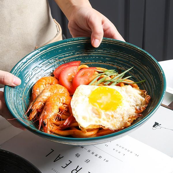 japanese style creative ceramic home restaurant with retro ribbed ramen bowl, large soup fruit salad noodle bowl bowls