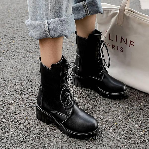 boots mnixuan motorcycle women shoes 2021 winter round toe platform ankle block high heels lace up black