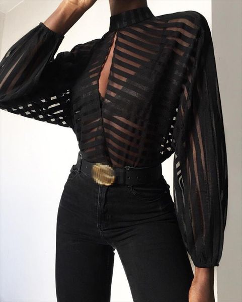 arrival gauze mesh net sheer womens blouses long sleeve striped black front hollow, White
arrival gauze mesh net sheer womens blouses long sleeve striped black front hollow, White