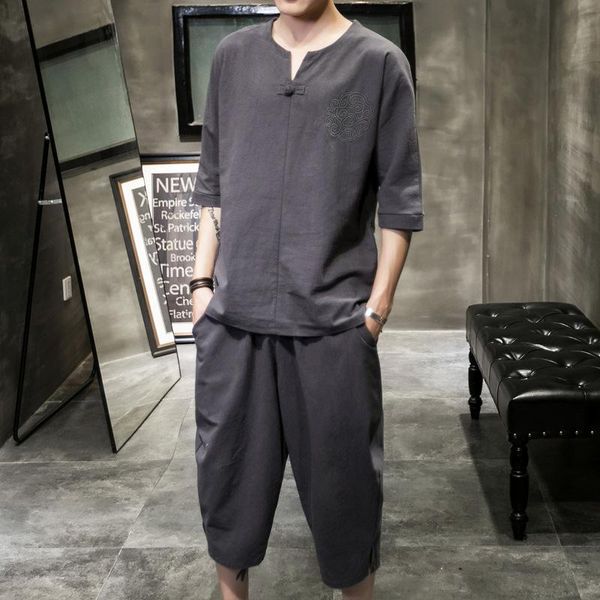 men's tracksuits 2021 summer linen suit casual chinese style short-sleeved t-shirt cropped pants two-piece trend, Gray