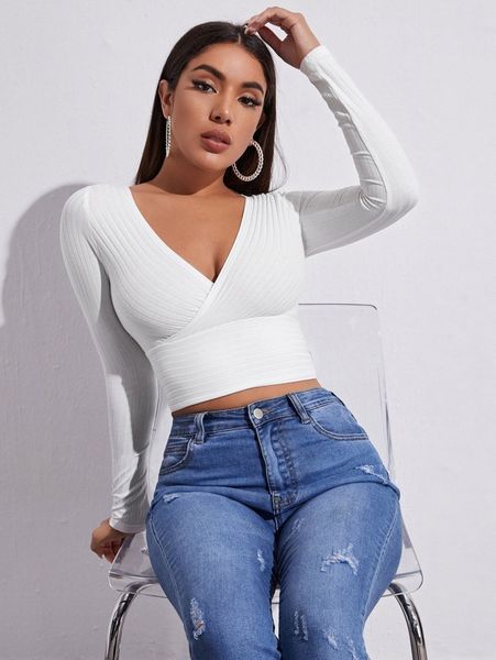 surplice neck rib-knit crop tee t54f#, White