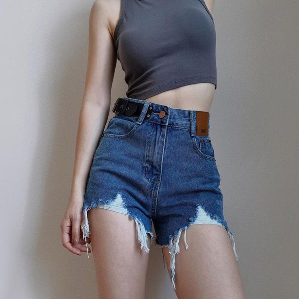 women's shorts women ripped denim with buckles details distressed, White;black
women's shorts women ripped denim with buckles details distressed, White;black