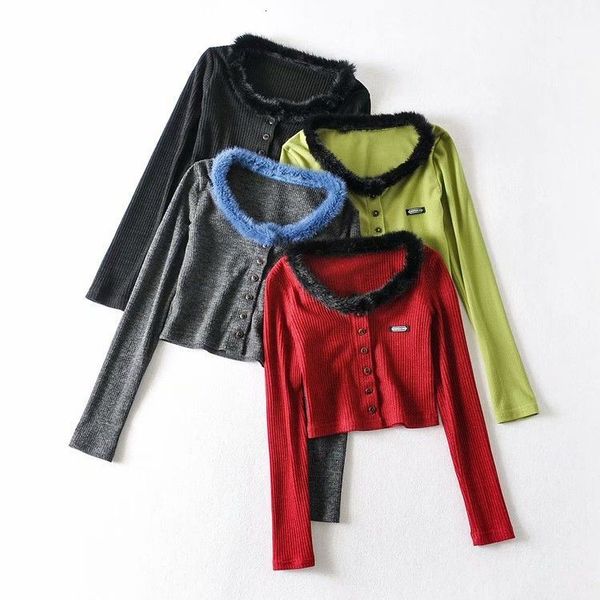 t shirt 2021 spring fashion round neck long sleeve single breasted fur collar slim fit women's, White
t shirt 2021 spring fashion round neck long sleeve single breasted fur collar slim fit women's, White
