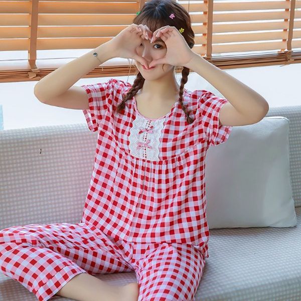 women's sleepwear cotton pajamas women summer suit short-sleeved princess trousers loose two-piece set student's plaid sleepwear p, Black;red
women's sleepwear cotton pajamas women summer suit short-sleeved princess trousers loose two-piece set student's plaid sleepwear p, Black;red