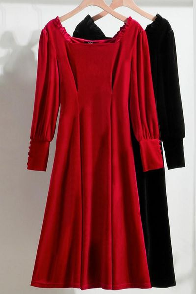 casual dresses square collar women red velour elegant party vestidos mujer long for wedding, Black;gray
casual dresses square collar women red velour elegant party vestidos mujer long for wedding, Black;gray