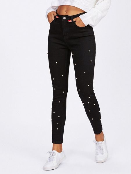high stretch pearl beaded jeans v35h#, Blue
