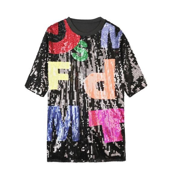 women's t-shirt woman sequined t-shirts europe hiphop colorful letter tee punk loose dress for party night club, White
women's t-shirt woman sequined t-shirts europe hiphop colorful letter tee punk loose dress for party night club, White