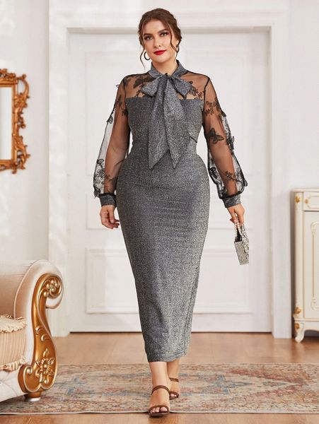 plus butterfly mesh insert tie neck dress 141b#, Black