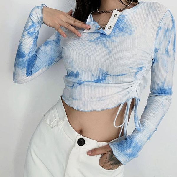 women's t-shirt women girl blue gradient tie-dye short high-waist exposed navel pleated slim top, White
women's t-shirt women girl blue gradient tie-dye short high-waist exposed navel pleated slim top, White