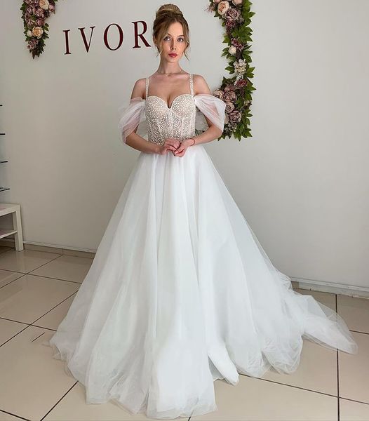 off shoulder a line wedding dress bridal gowns with beaded sweep train tulle plus size bride dresses for women, White
off shoulder a line wedding dress bridal gowns with beaded sweep train tulle plus size bride dresses for women, White