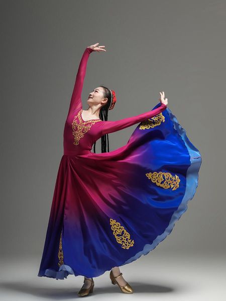ethnic clothing uyghur dance performance clothes female opening big swing skirt minority xinjiang practice, Red 
ethnic clothing uyghur dance performance clothes female opening big swing skirt minority xinjiang practice, Red
