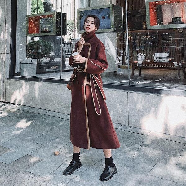 women's wool & blends 2021 autumn winter commuter color contrast stitching woolen coat for women style korean mid-length k906, Black
women's wool & blends 2021 autumn winter commuter color contrast stitching woolen coat for women style korean mid-length k906, Black