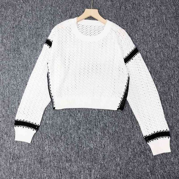sweater knit 2021 early autumn color contrast hollow out round neck long sleeve short women's wear, White;black
sweater knit 2021 early autumn color contrast hollow out round neck long sleeve short women's wear, White;black