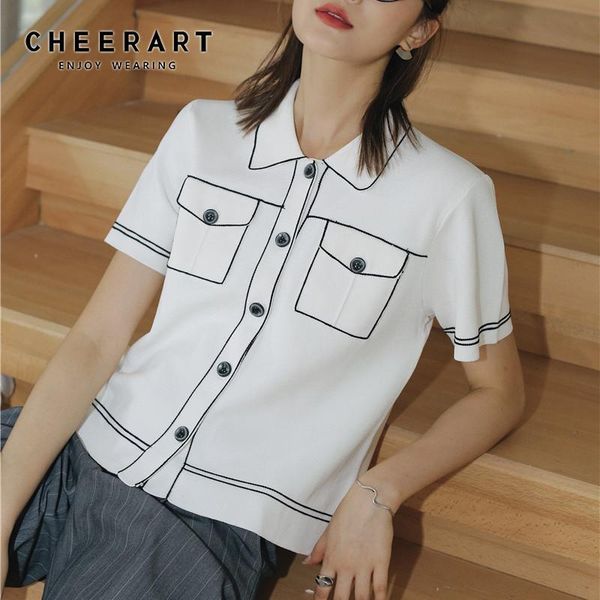 women's blouses & shirts cheerart contrast stitch white knitted blouse women short sleeve button up collar shirt casual designer summer
women's blouses & shirts cheerart contrast stitch white knitted blouse women short sleeve button up collar shirt casual designer summer