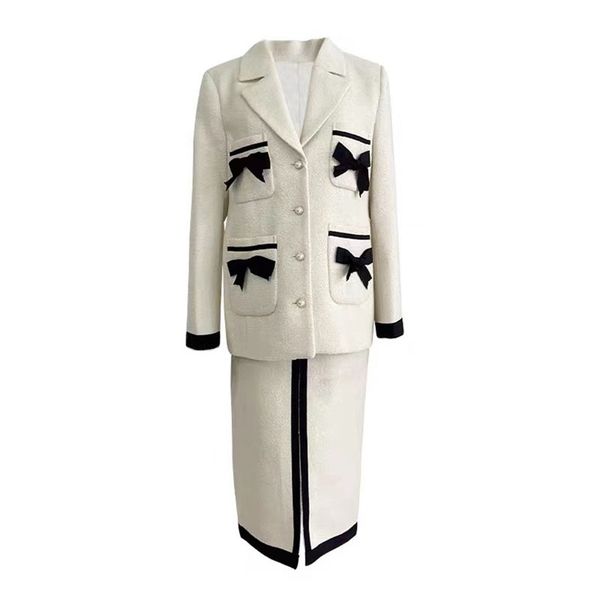 women vintage tweed blazer pencil skirt two-piece set khaki bow beige single breasted pocket t0484 210514, White
women vintage tweed blazer pencil skirt two-piece set khaki bow beige single breasted pocket t0484 210514, White