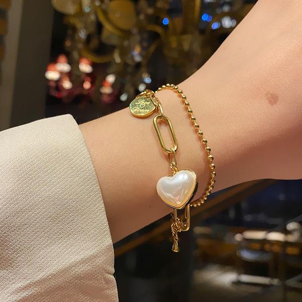 link, chain vintage gold love imitation pearl bracelet female korean titanium steel simple personality ladies jewelry, Black
link, chain vintage gold love imitation pearl bracelet female korean titanium steel simple personality ladies jewelry, Black
