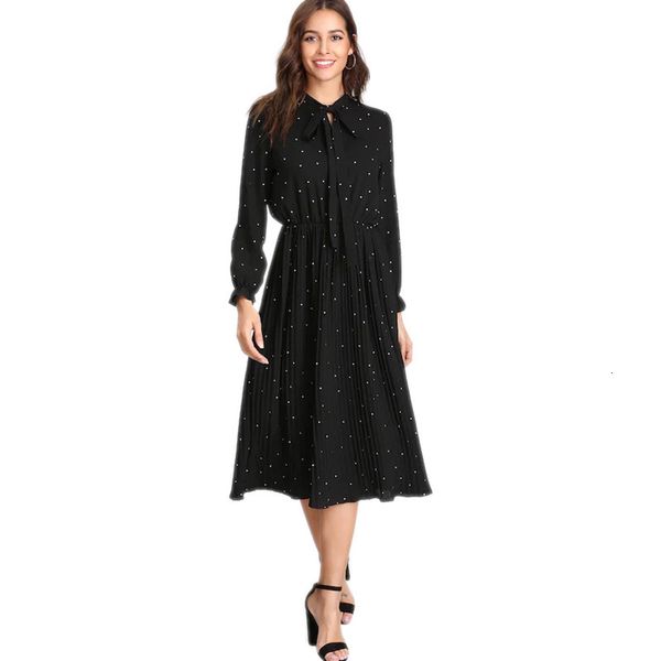 dress spring women's long sleeve pleated neckline bow tie v-neck elegant black polka dot sjjf, Black;gray
dress spring women's long sleeve pleated neckline bow tie v-neck elegant black polka dot sjjf, Black;gray