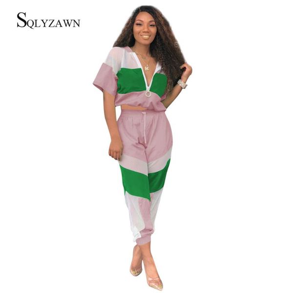 summer color patchwork tracksuit streetwear mesh hollow out 2 piece suit short sleeve hooded sweatshirt and long pants sweatsuit women', Gray
summer color patchwork tracksuit streetwear mesh hollow out 2 piece suit short sleeve hooded sweatshirt and long pants sweatsuit women', Gray