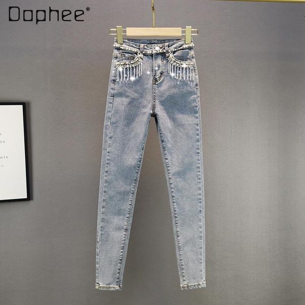 spring and summer high-waisted european heavy water drilling tassel jeans women's tight fit pencil pants denim, Blue
spring and summer high-waisted european heavy water drilling tassel jeans women's tight fit pencil pants denim, Blue