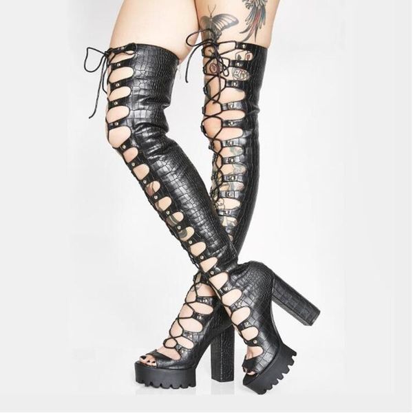 boots est hollow gladiator long platform chunky heels lace up studded over the knee sandals peep toe night club shoes, Black
boots est hollow gladiator long platform chunky heels lace up studded over the knee sandals peep toe night club shoes, Black