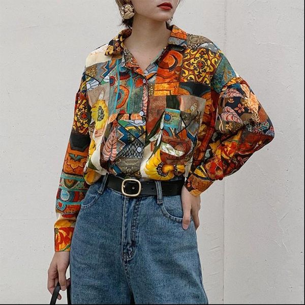 women retro womens shirt sunflower print oil painting design blouse loose lapel and blouses, White
women retro womens shirt sunflower print oil painting design blouse loose lapel and blouses, White